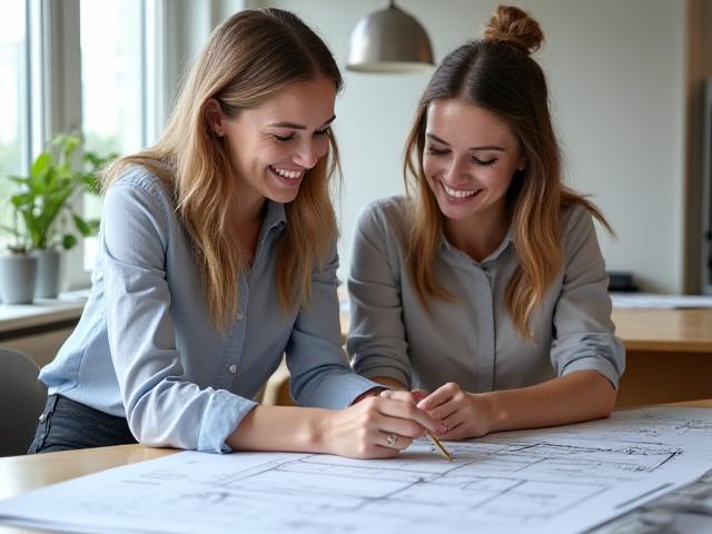 Interiørdesigner i samtale med klient over plantegninger