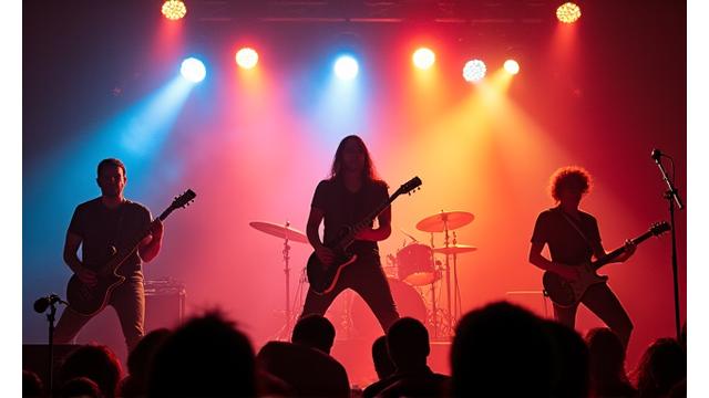 A dynamic rock band performing on stage with flashing lights and smoke effects.
